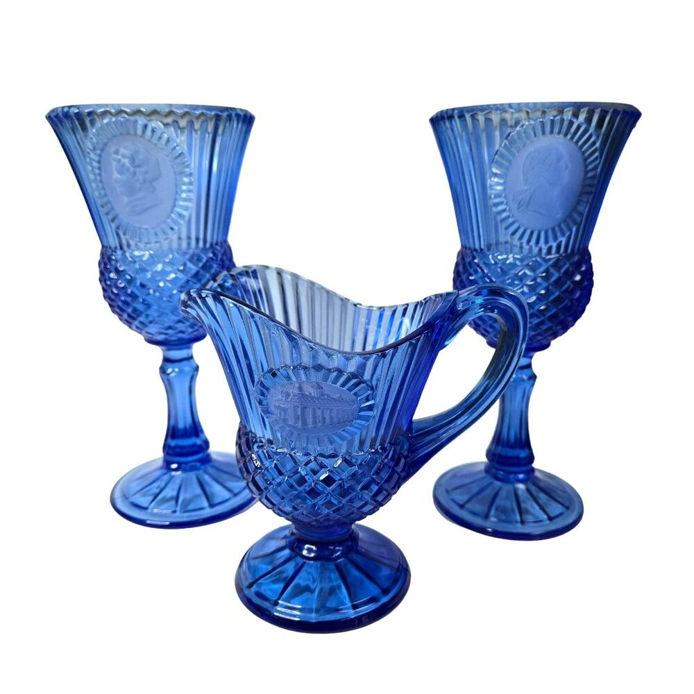 VTG 70s Blue Fostoria Avon George Martha Washington Goblets & Mt. Vernon Pitcher - Picture 1 of 9